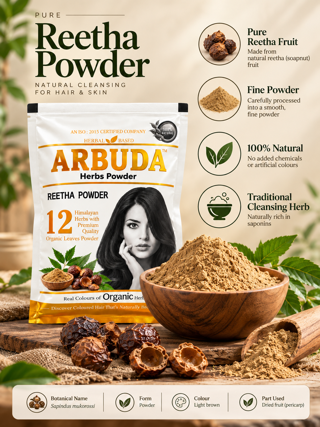 Arbuda Reetha Powder 50g – Natural Soapnut Powder for Hair Wash & Face Cleansing